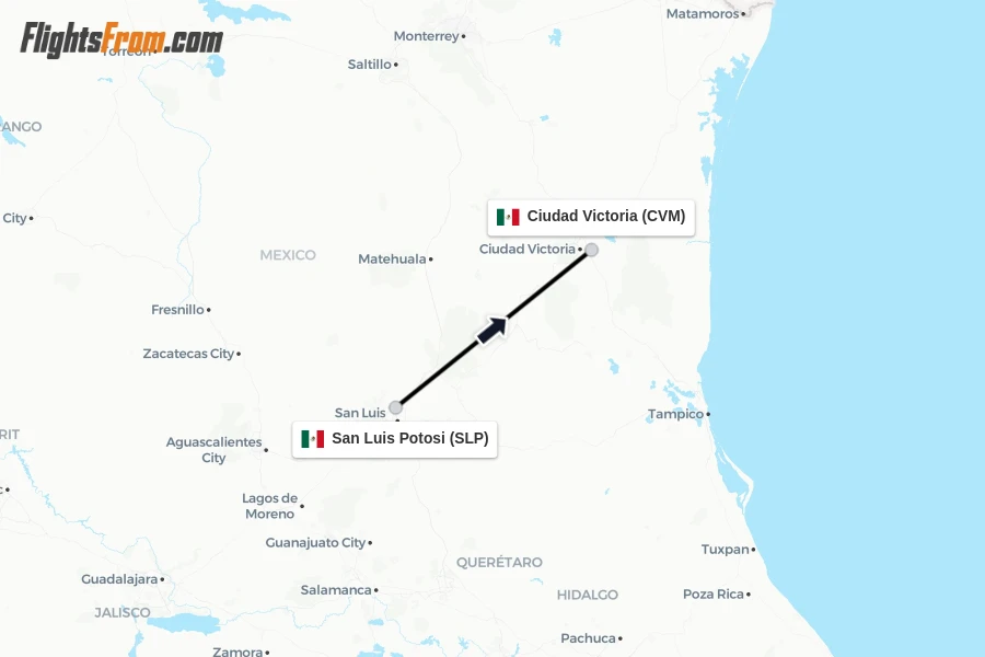 Flights from San Luis Potosi to Ciudad Victoria route map