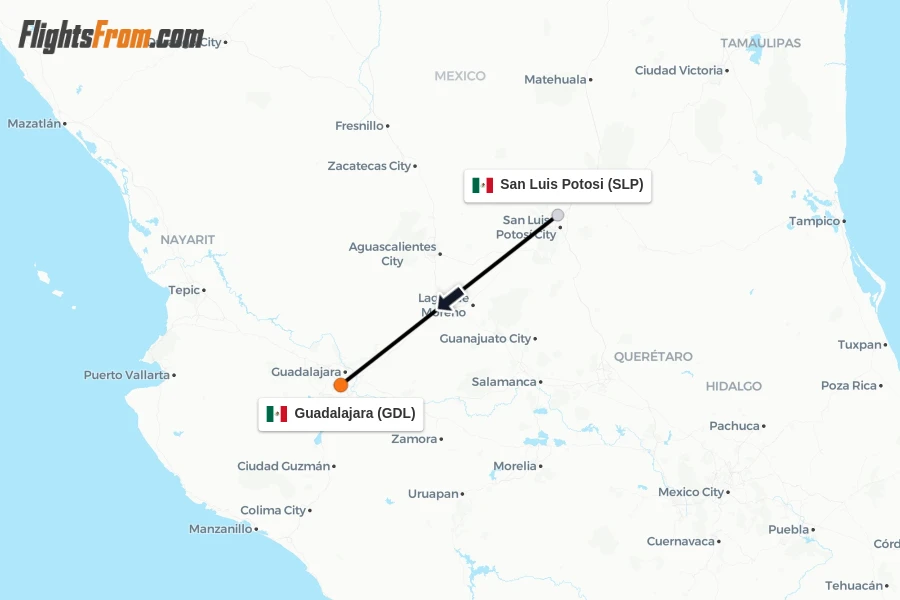 Flights from San Luis Potosi to Guadalajara route map