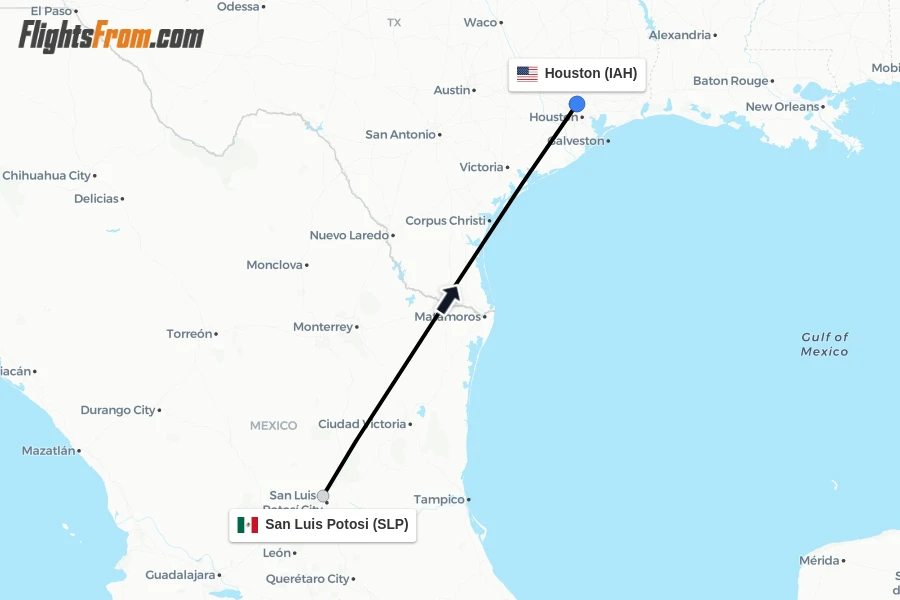 Flights from San Luis Potosi to Houston route map