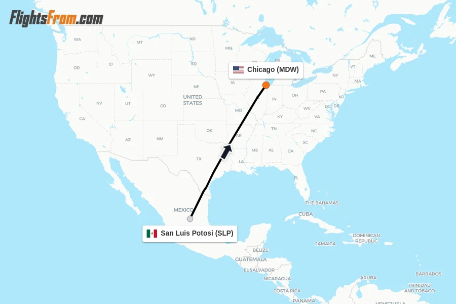 Flights from San Luis Potosi to Chicago route map