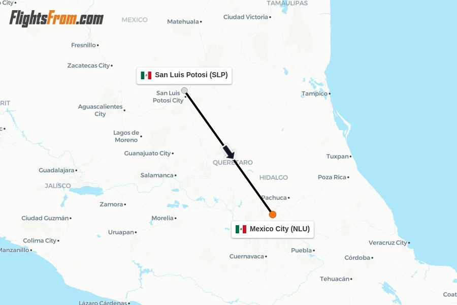 Flights from San Luis Potosi to Mexico City route map
