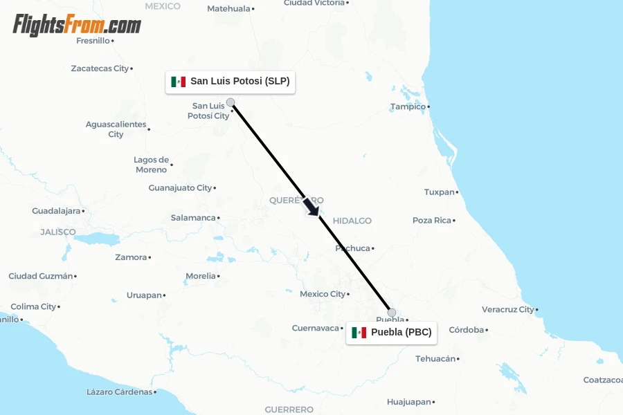Flights from San Luis Potosi to Puebla route map