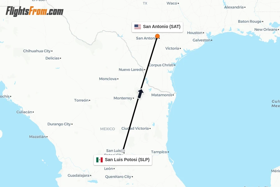 Flights from San Luis Potosi to San Antonio route map