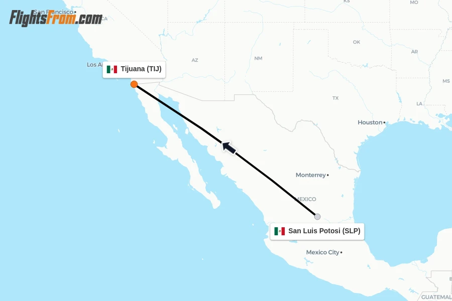 Flights from San Luis Potosi to Tijuana route map