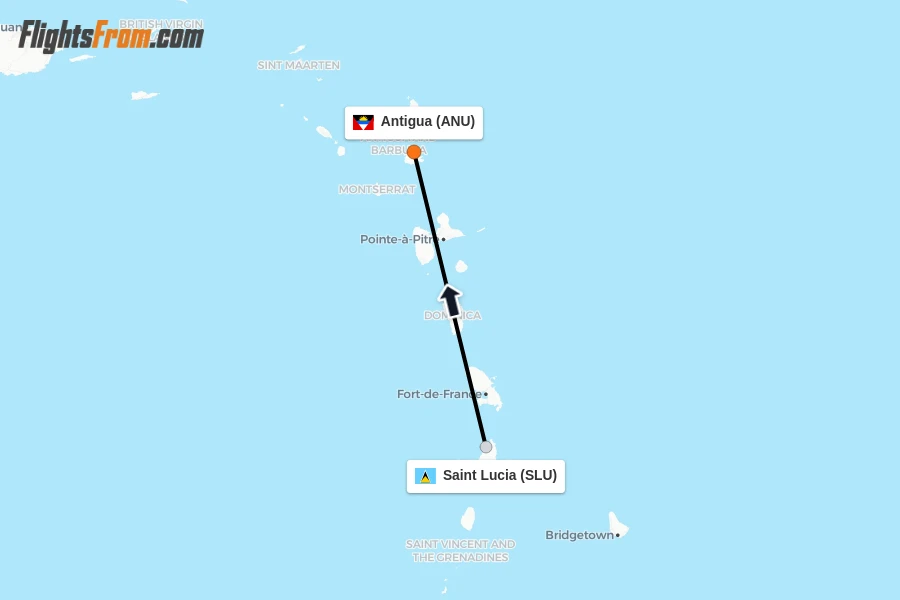 Flights from Saint Lucia to Antigua route map
