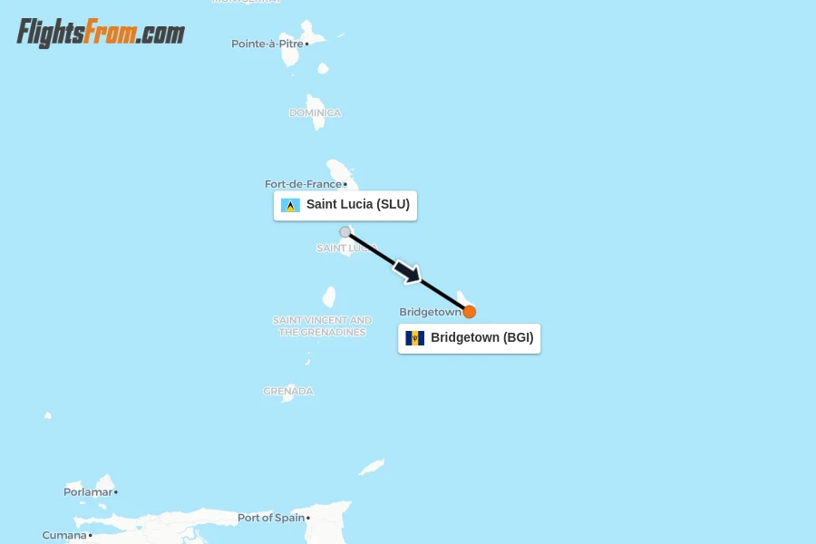 Flights from Saint Lucia to Bridgetown route map