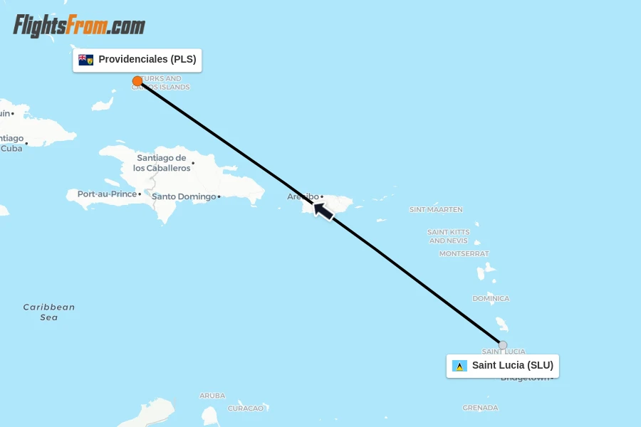 Flights from Saint Lucia to Providenciales route map