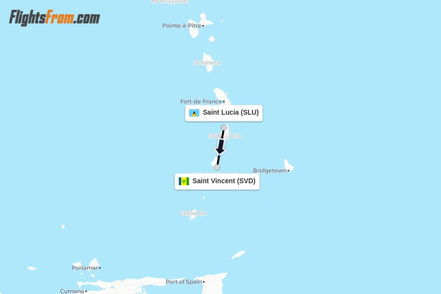 Flights from Saint Lucia to Saint Vincent route map