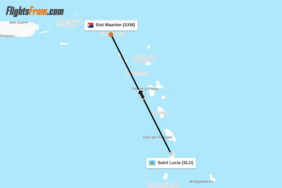 Flights from Saint Lucia to Sint Maarten route map