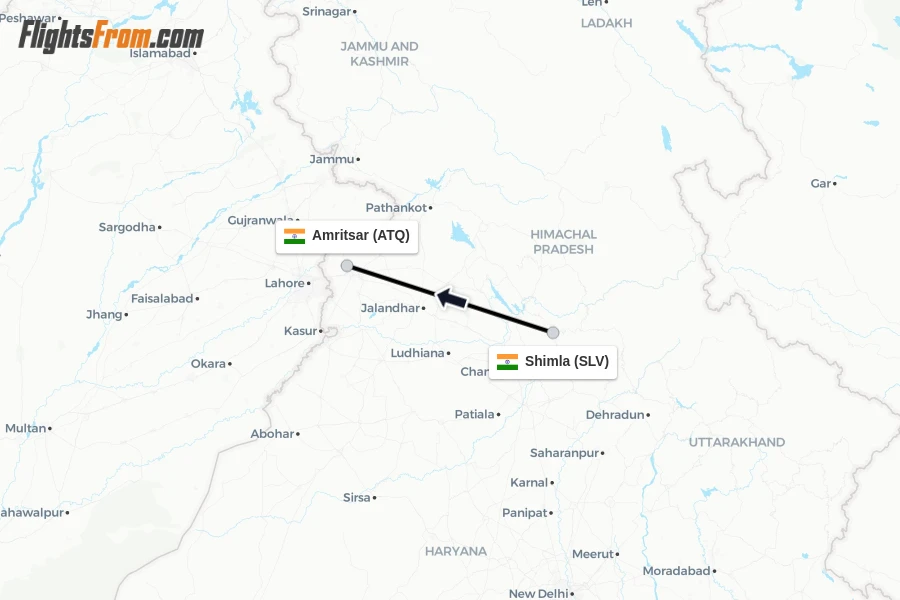 Flights from Shimla to Amritsar route map