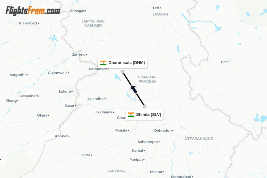 Flights from Shimla to Dharamsala route map