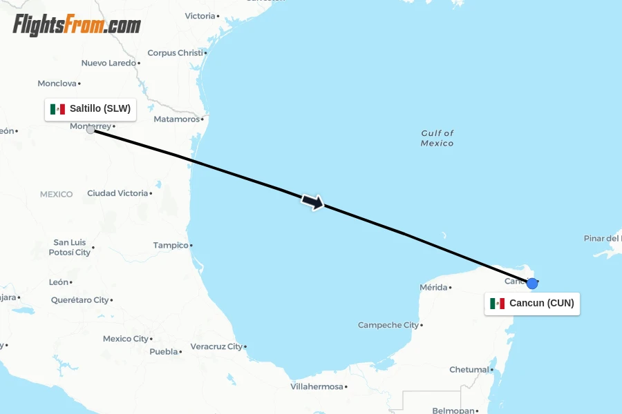 Flights from Saltillo to Cancun route map