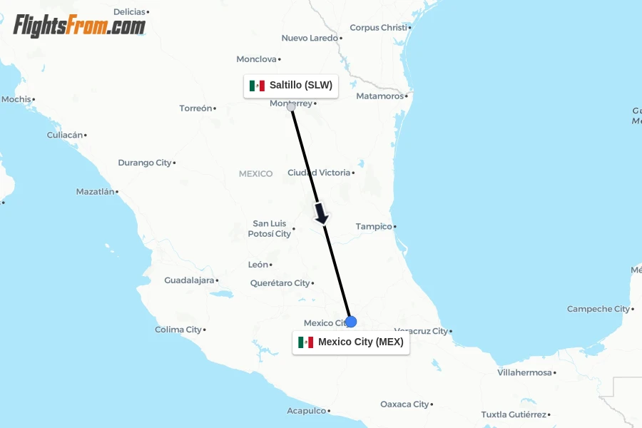 Flights from Saltillo to Mexico City route map
