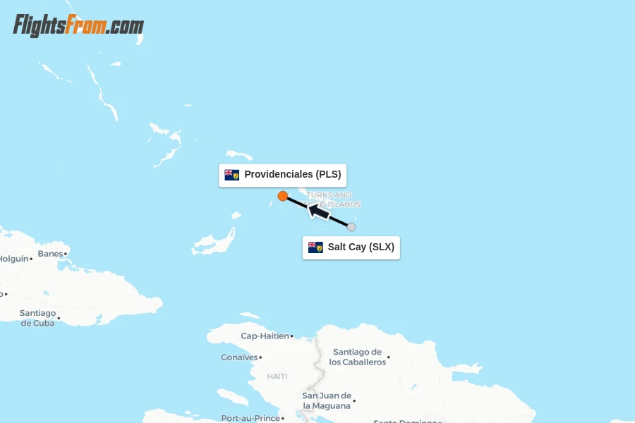 Flights from Salt Cay to Providenciales route map