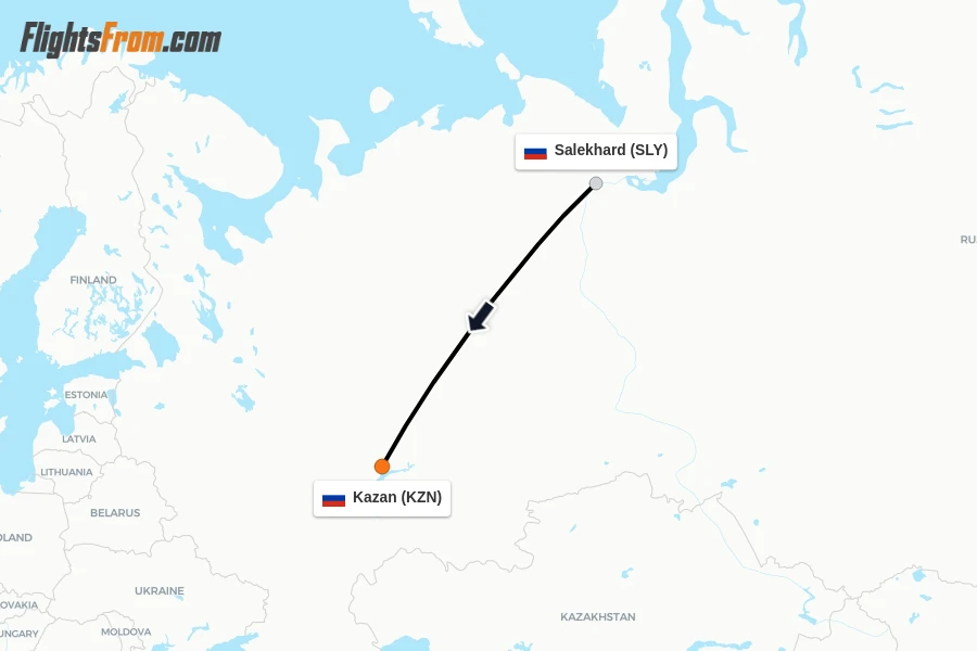 Flights from Salekhard to Kazan route map