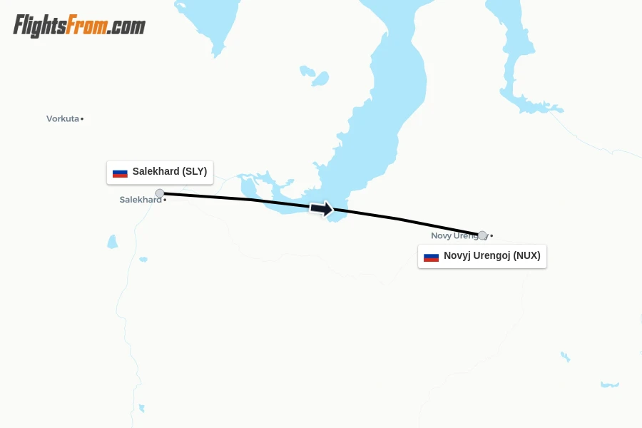 Flights from Salekhard to Novyj Urengoj route map