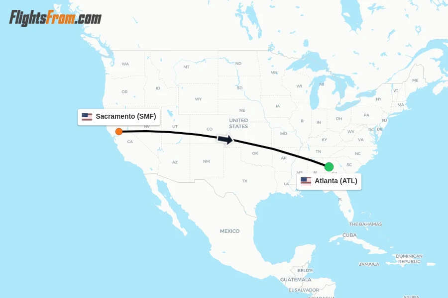 Flights from Sacramento to Atlanta route map