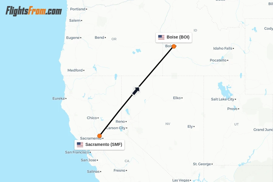 Flights from Sacramento to Boise route map