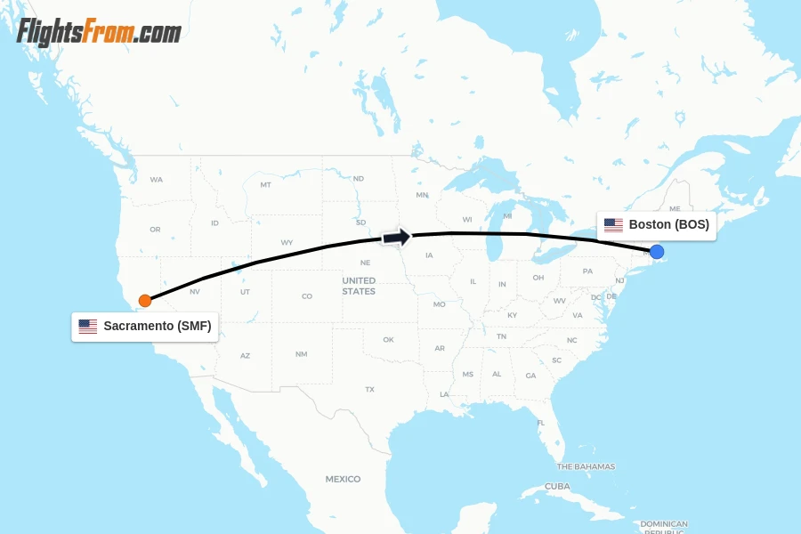 Flights from Sacramento to Boston route map
