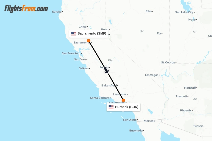 Flights from Sacramento to Burbank route map