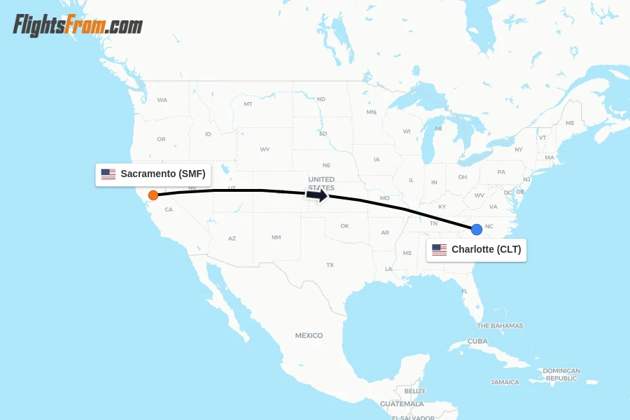 Flights from Sacramento to Charlotte route map