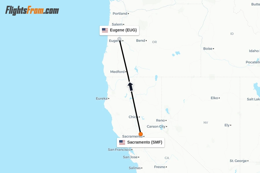 Flights from Sacramento to Eugene route map