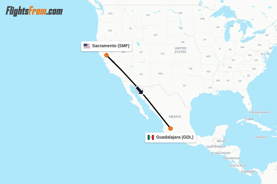 Flights from Sacramento to Guadalajara route map