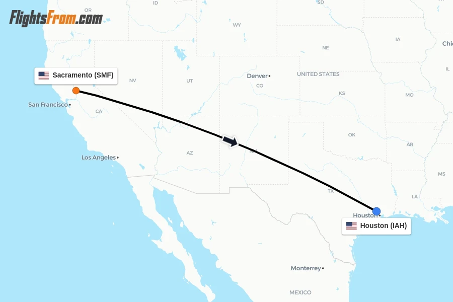 Flights from Sacramento to Houston route map