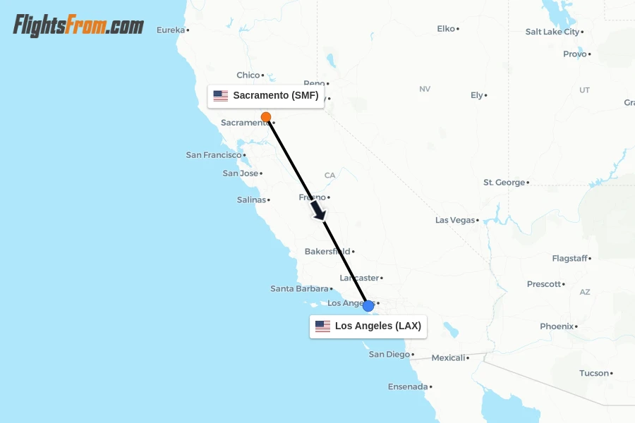 Flights from Sacramento to Los Angeles route map