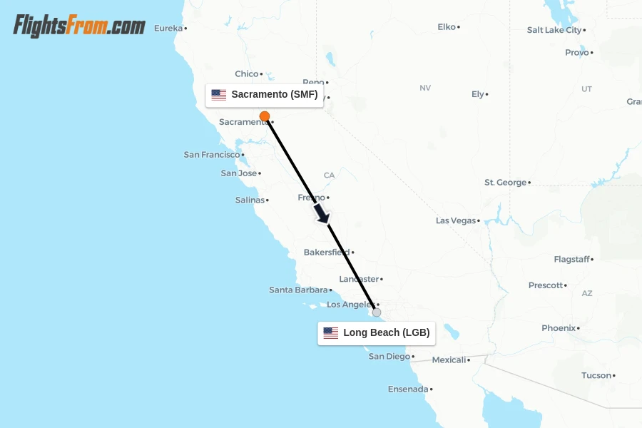 Flights from Sacramento to Long Beach route map