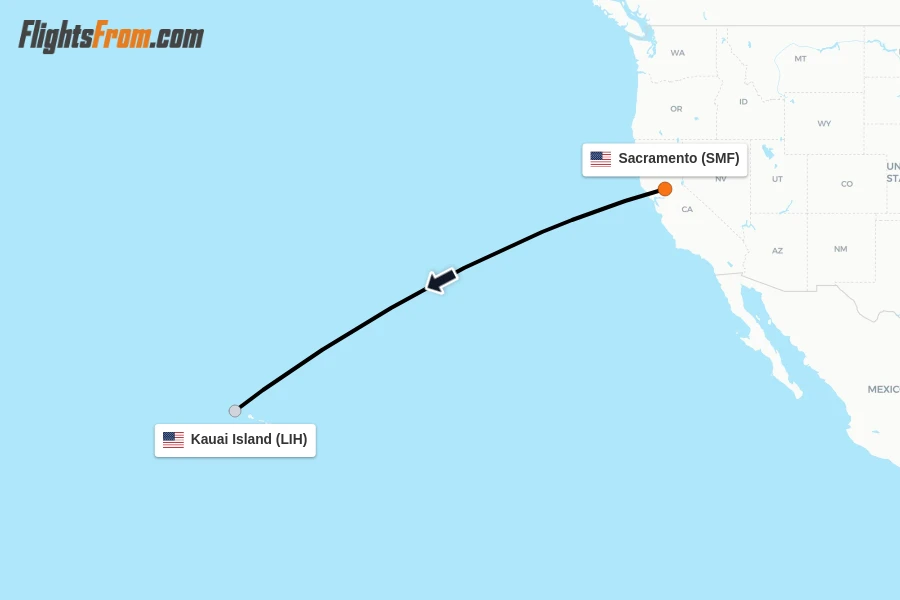 Flights from Sacramento to Kauai Island route map
