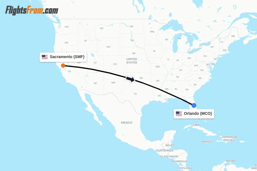 Flights from Sacramento to Orlando route map