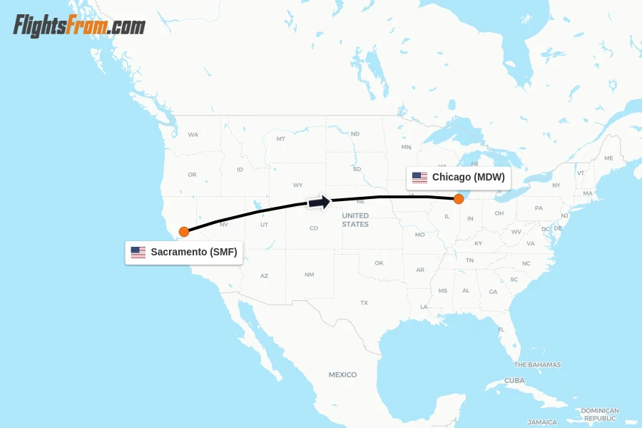 Flights from Sacramento to Chicago route map