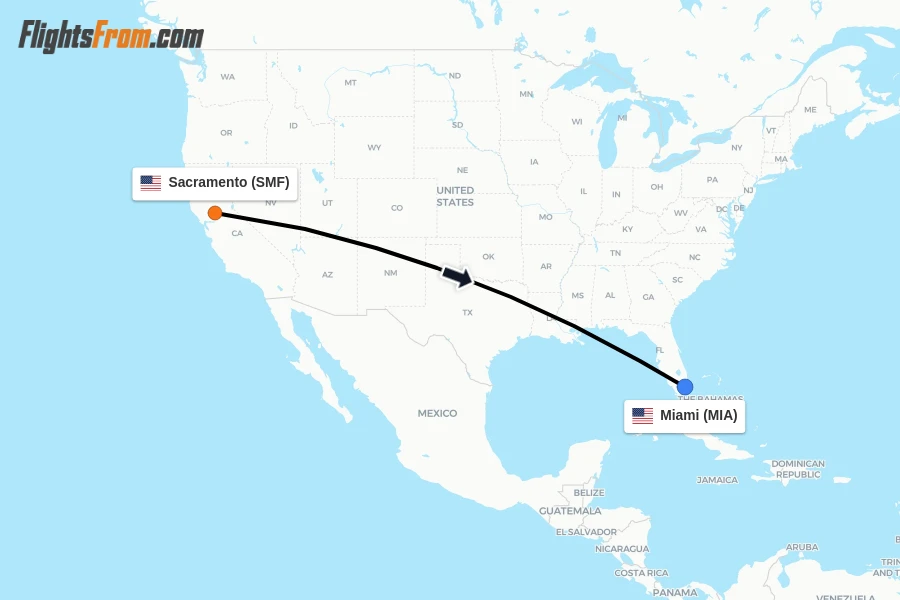 Flights from Sacramento to Miami route map