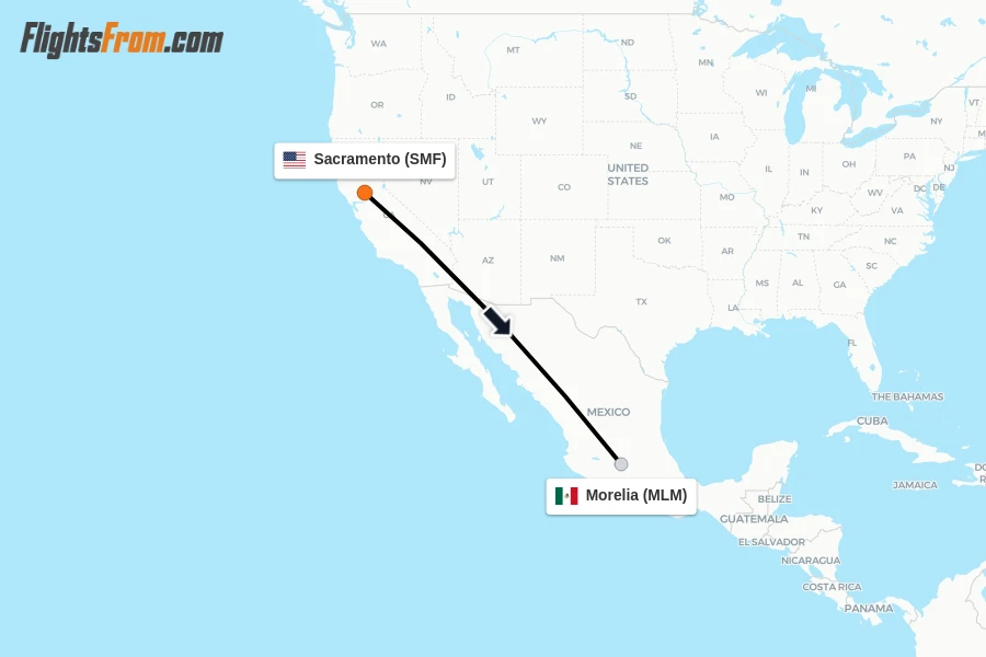 Flights from Sacramento to Morelia route map