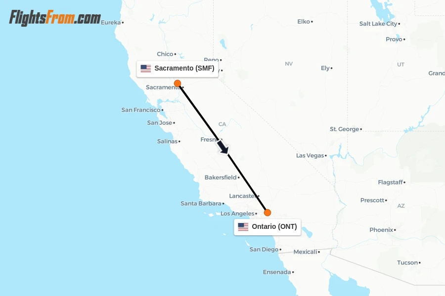 Flights from Sacramento to Ontario route map