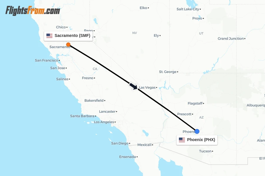 Flights from Sacramento to Phoenix route map