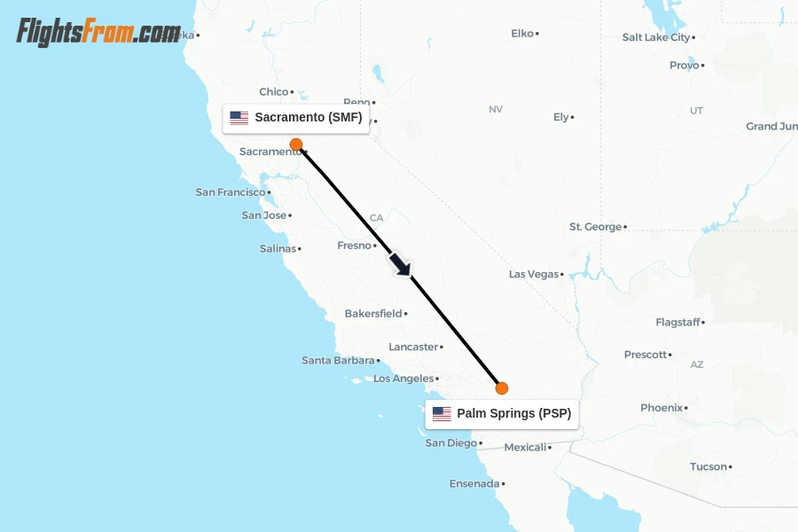 Flights from Sacramento to Palm Springs route map