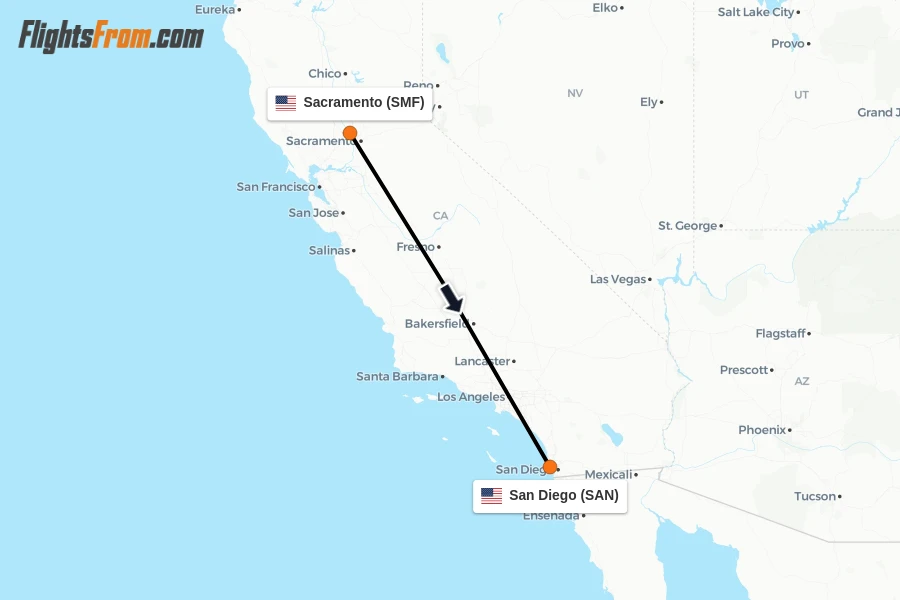 Flights from Sacramento to San Diego route map