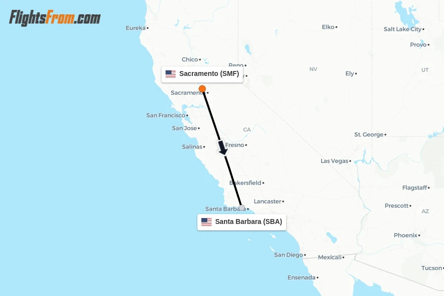 Flights from Sacramento to Santa Barbara route map