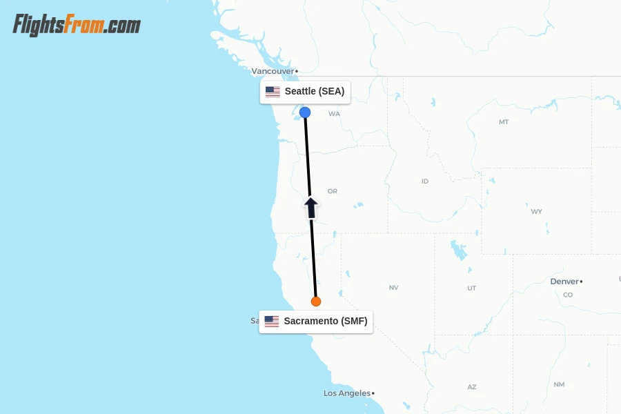 Flights from Sacramento to Seattle route map