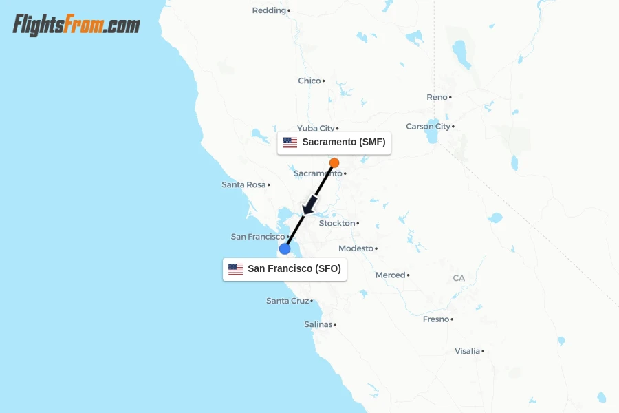 Flights from Sacramento to San Francisco route map