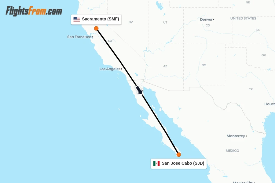 Flights from Sacramento to San Jose Cabo route map