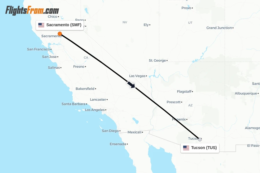 Flights from Sacramento to Tucson route map