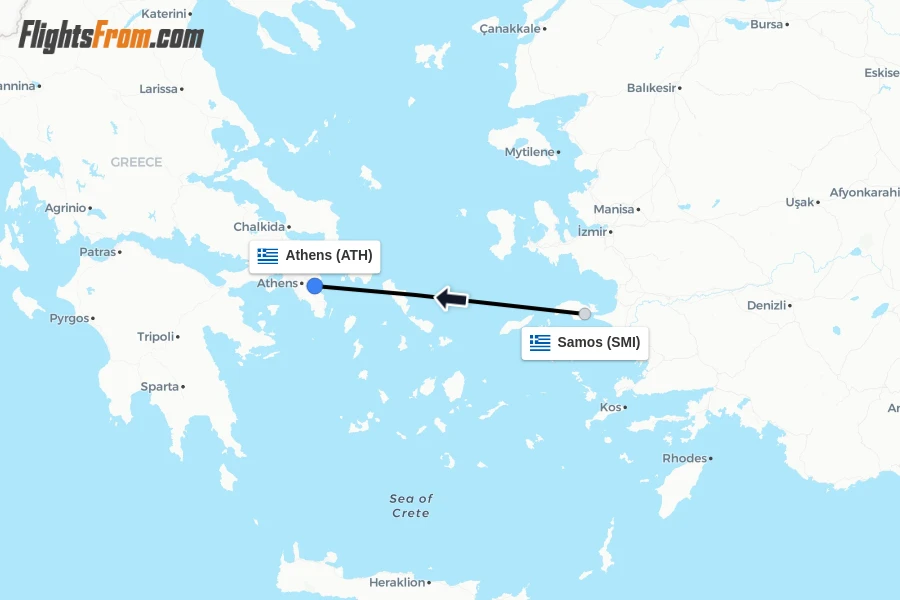 Flights from Samos to Athens route map