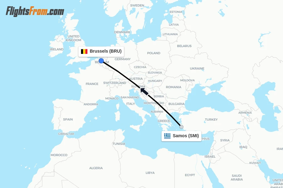Flights from Samos to Brussels route map