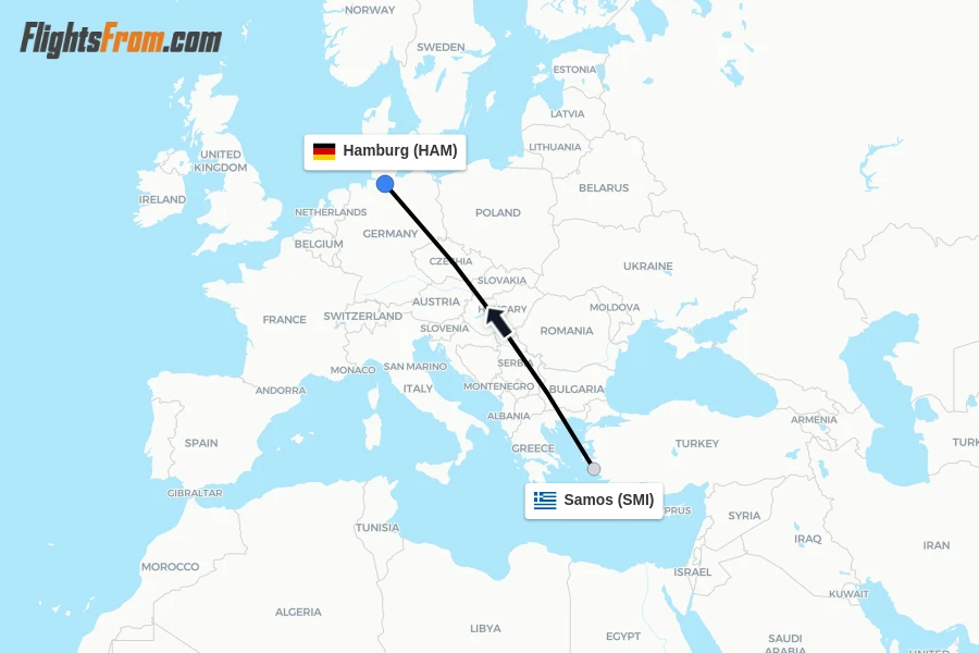 Flights from Samos to Hamburg route map
