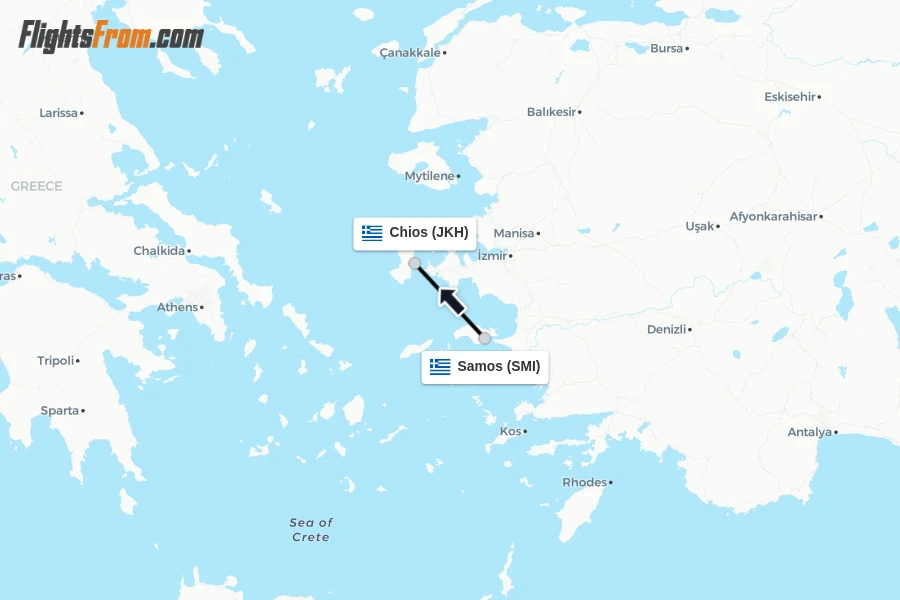 Flights from Samos to Chios route map