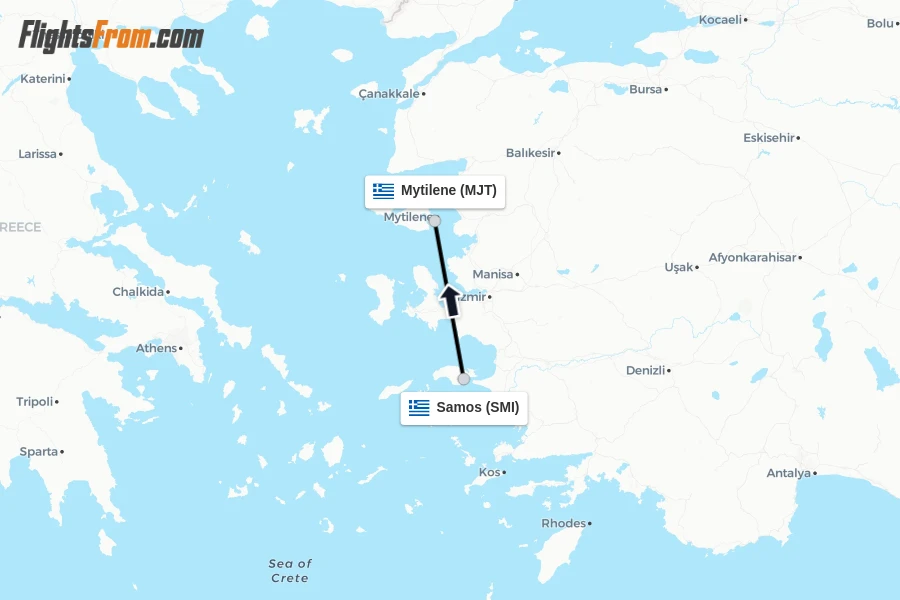 Flights from Samos to Mytilene route map