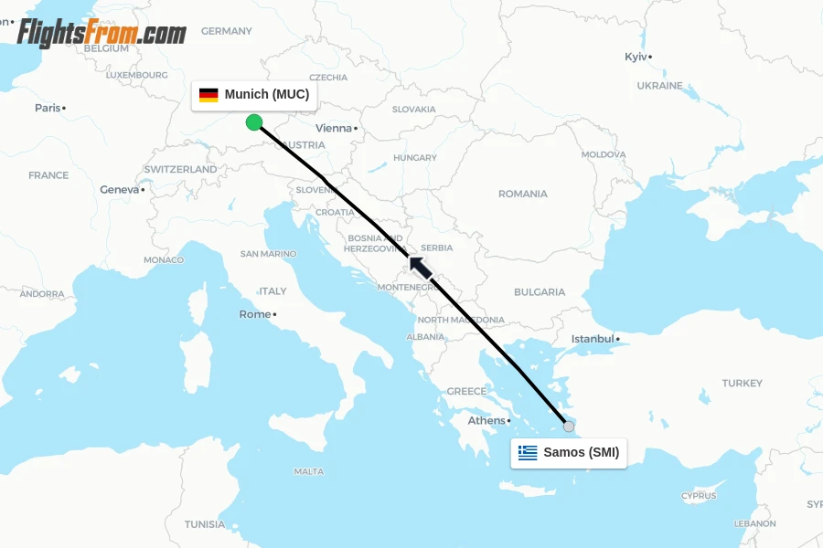 Flights from Samos to Munich route map